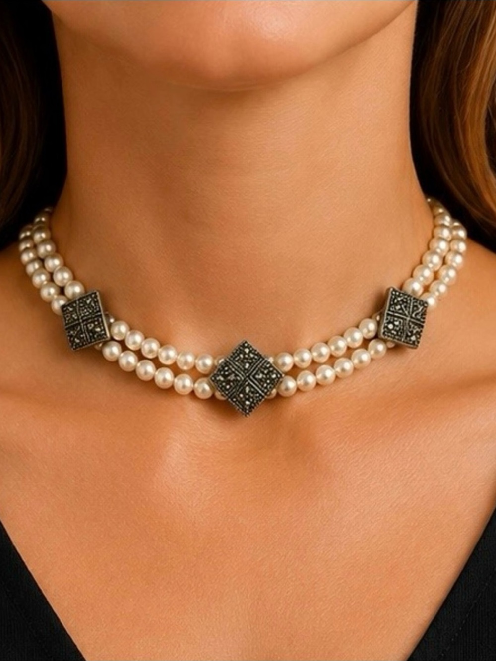 Vintage Double Strand Faux Pearl Choker Necklace with Marcasite Stations